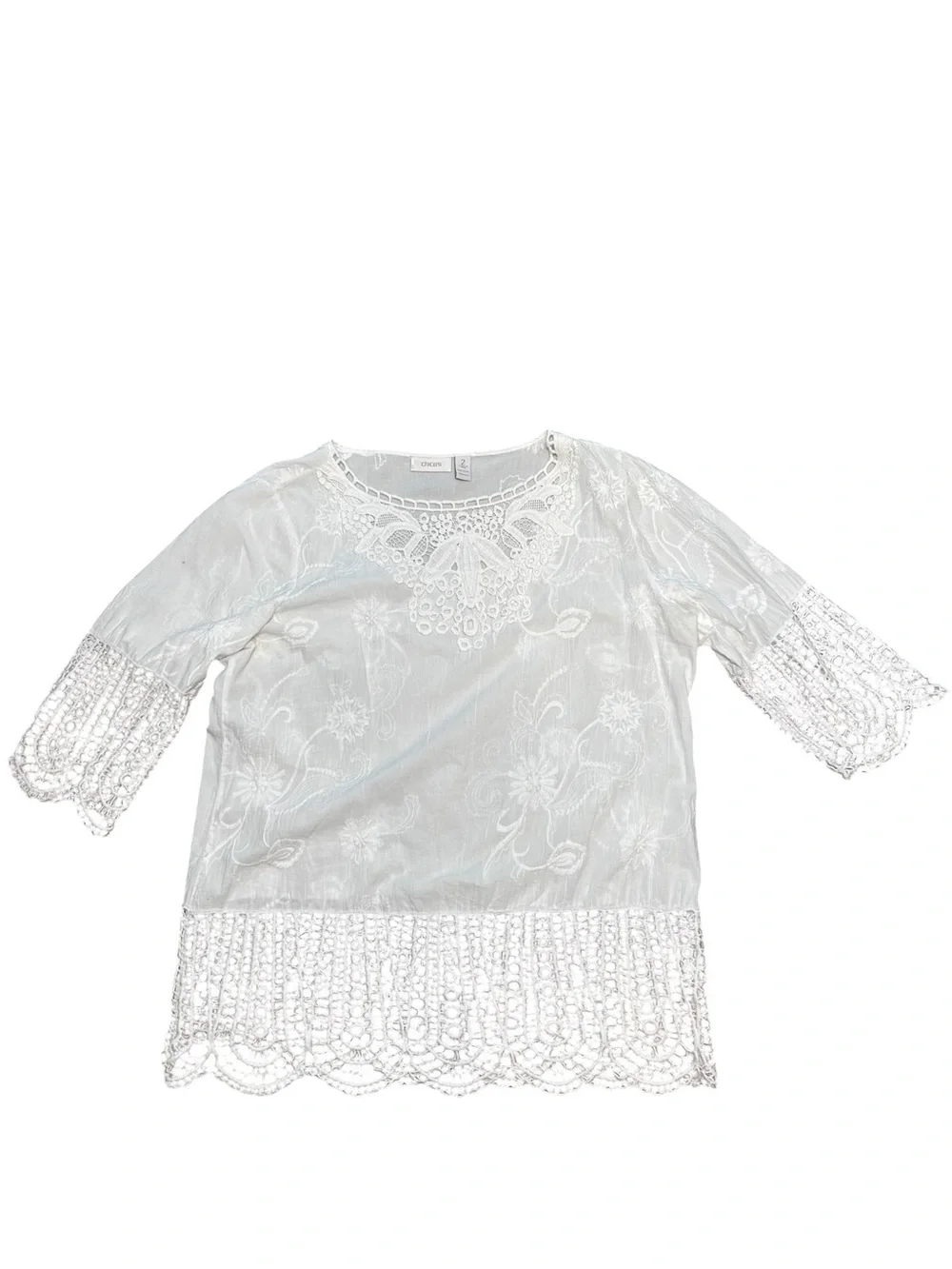 Chico’s white sheer crochet boxy top size 2 large US 12 coastal Lagenlook beach